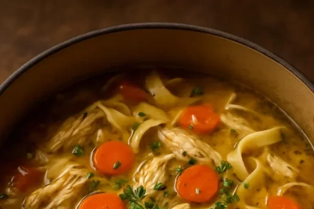 Bowl of homemade chicken noodle soup with fresh vegetables and herbs
