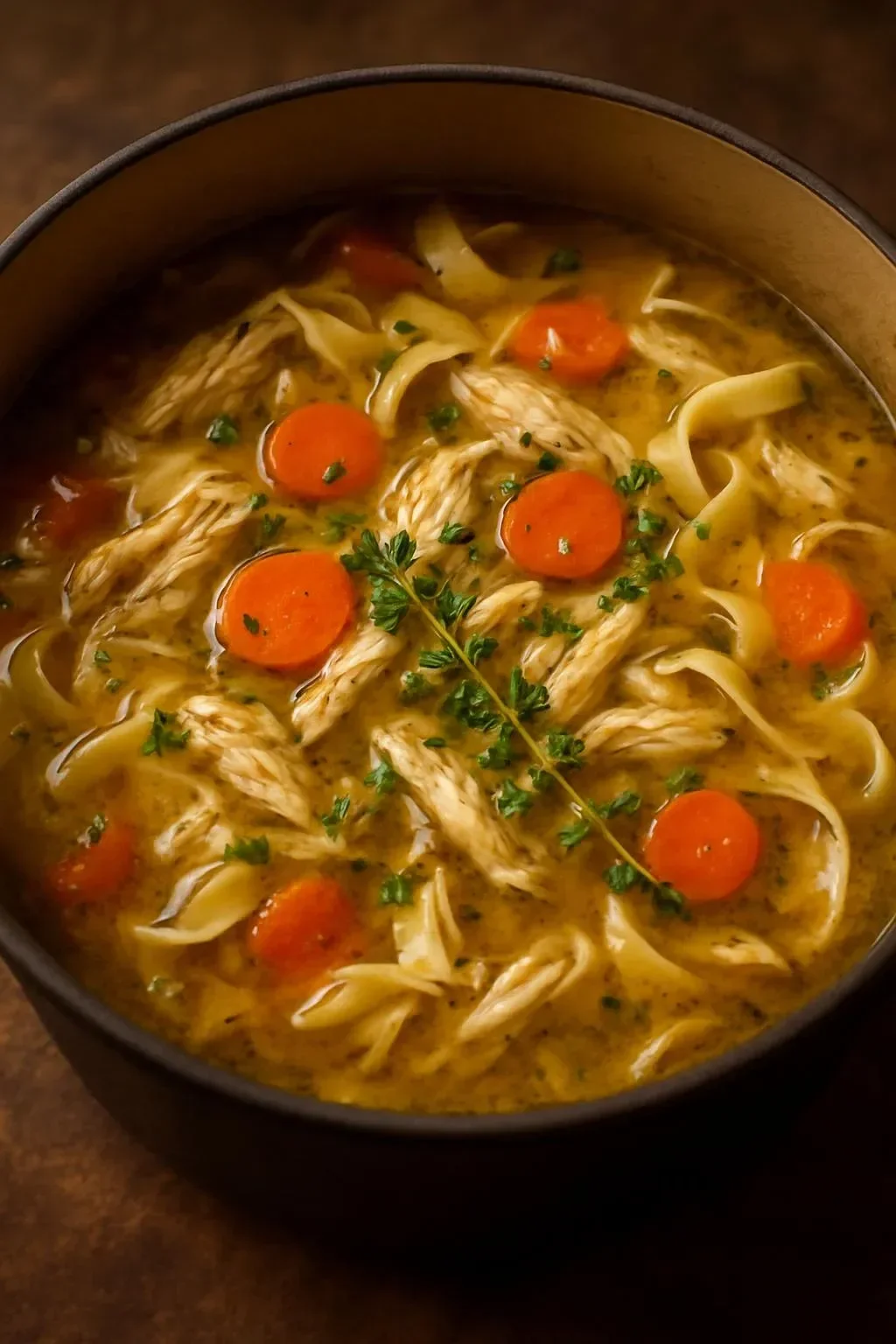 Bowl of homemade chicken noodle soup with fresh vegetables and herbs