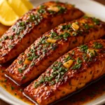 Plate of honey garlic salmon with vegetables, showcasing a healthy meal option
