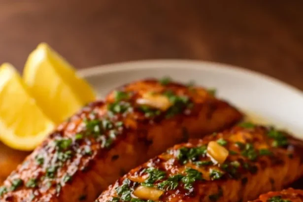 Plate of honey garlic salmon with vegetables, showcasing a healthy meal option