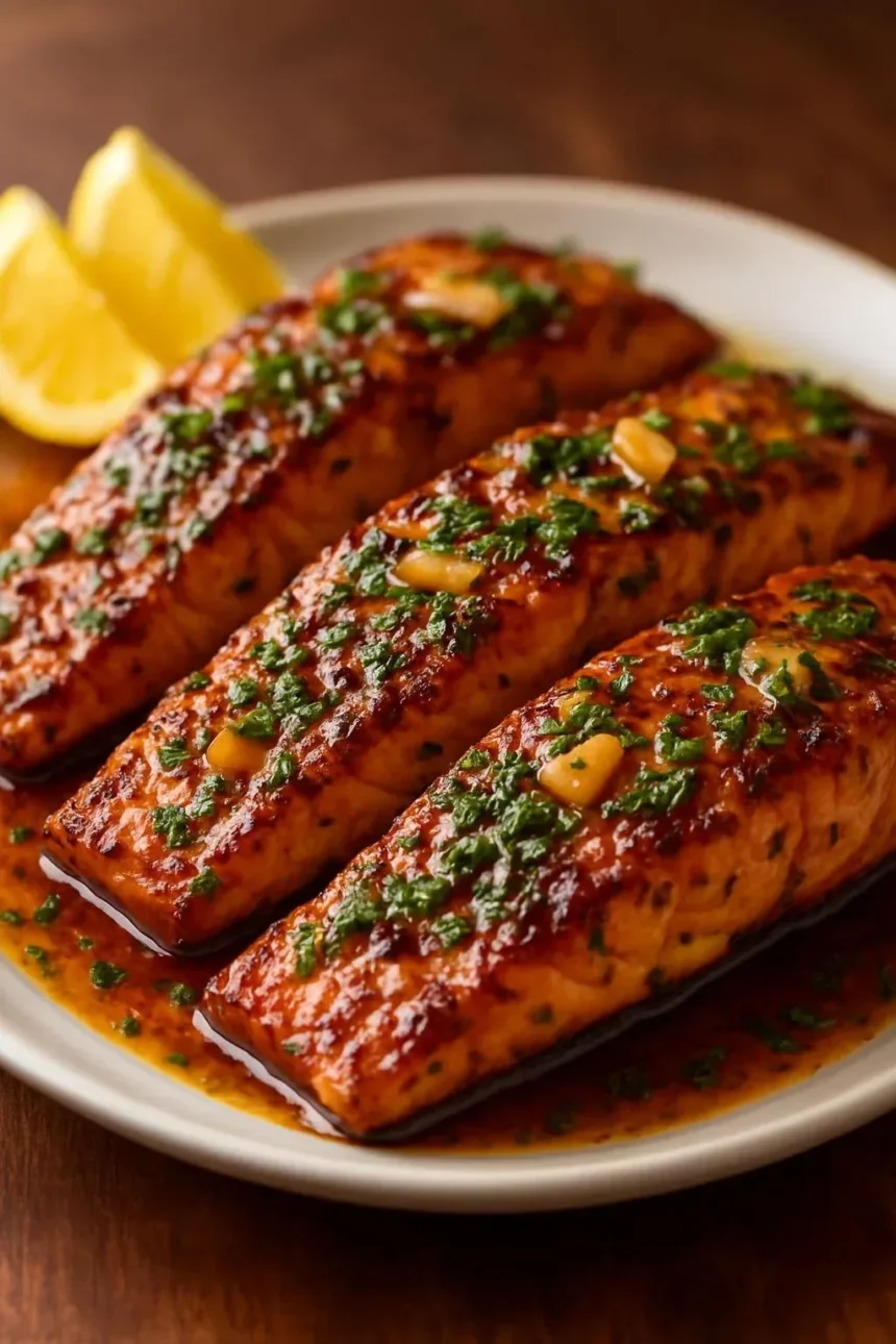 Plate of honey garlic salmon with vegetables, showcasing a healthy meal option