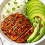Honey Lime Chicken served with Avocado Rice Stack