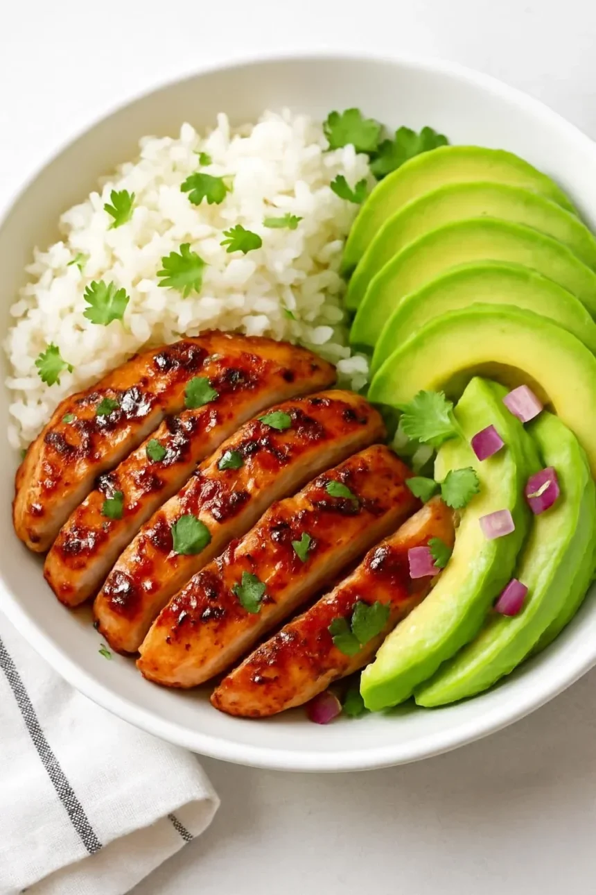 Honey Lime Chicken served with Avocado Rice Stack