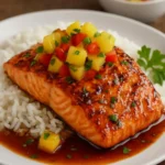 Honey Pineapple Salmon dish garnished with pineapple slices and herbs.
