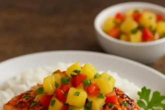Honey Pineapple Salmon dish garnished with pineapple slices and herbs.