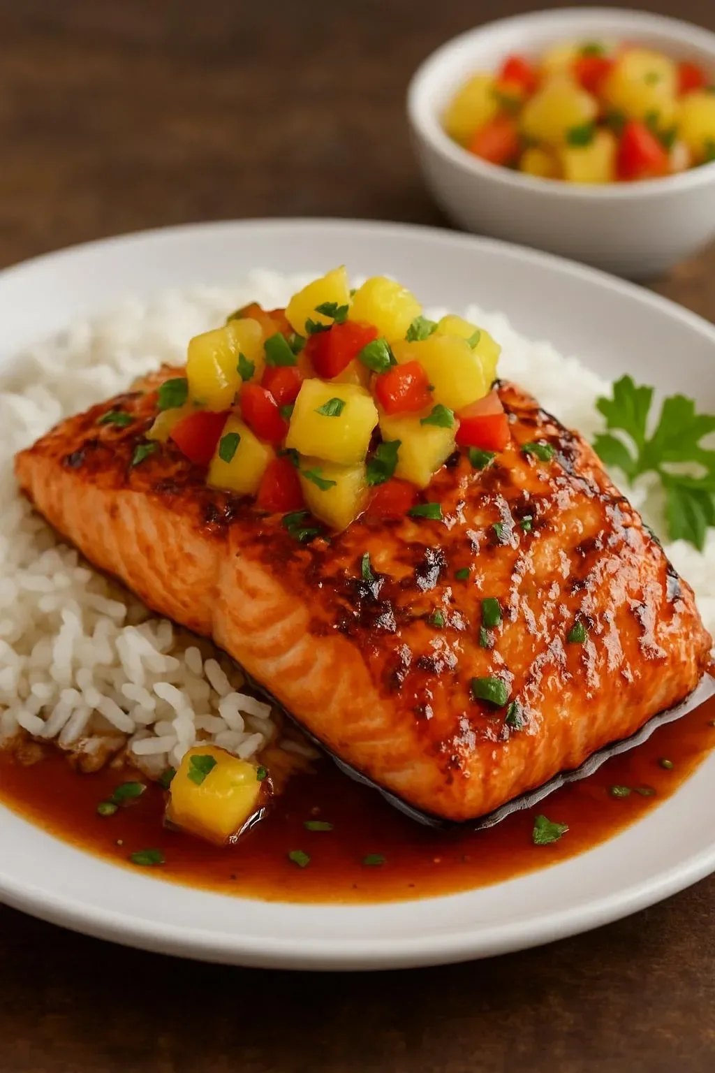 Honey Pineapple Salmon dish garnished with pineapple slices and herbs.