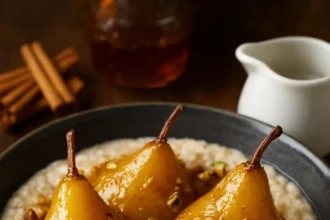 Honey-Spiced Pear Oatmeal topped with pistachios in a bowl