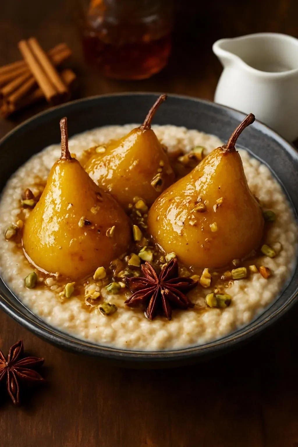 Honey-Spiced Pear Oatmeal topped with pistachios in a bowl