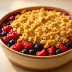 Individual berry cobbler topped with golden crust and fresh berries.