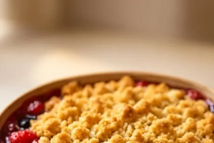 Individual berry cobbler topped with golden crust and fresh berries.
