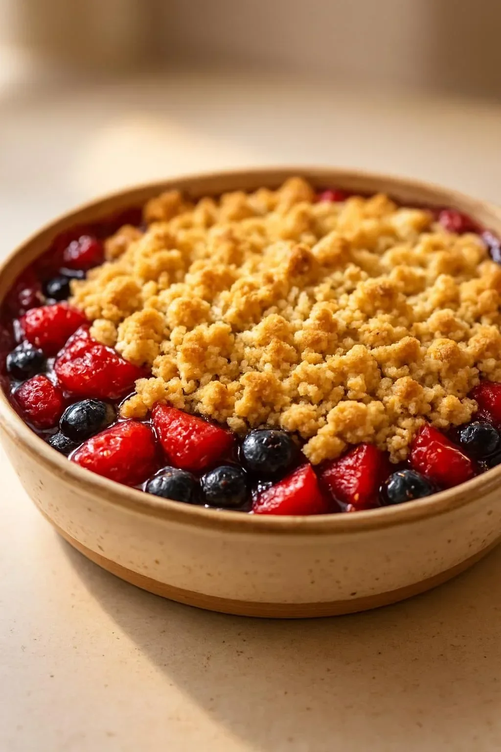 Individual berry cobbler topped with golden crust and fresh berries.