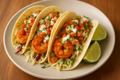 Delicious shrimp tacos served with fresh ingredients and vibrant toppings