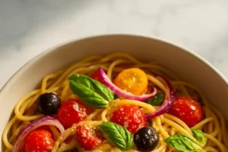 Colorful Italian spaghetti salad with vegetables and dressing