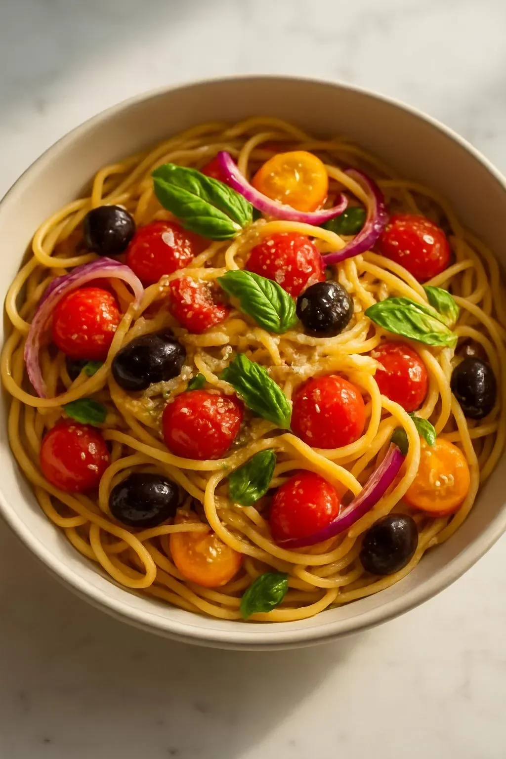 Colorful Italian spaghetti salad with vegetables and dressing