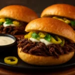 Italian-style shredded beef sandwiches with garlic aioli on a plate.