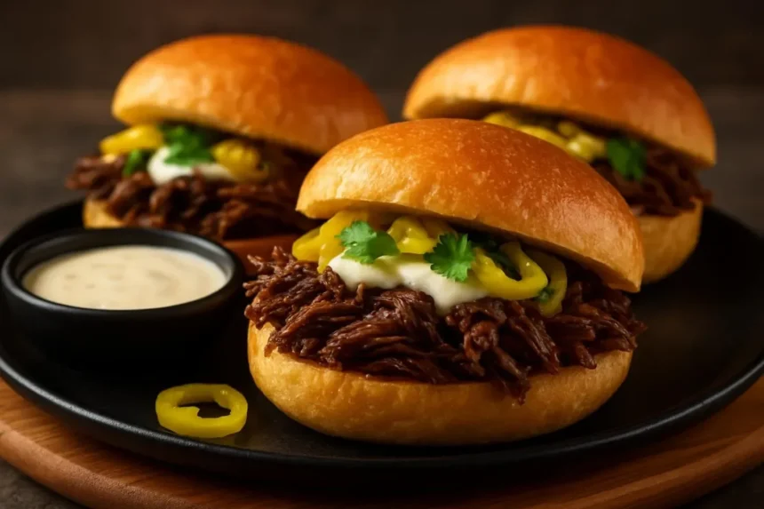 Italian-style shredded beef sandwiches with garlic aioli on a plate.