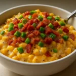 Bowl of Jalapeño Popper Creamed Corn topped with jalapeños and cheese
