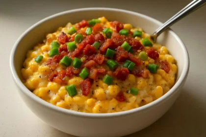 Bowl of Jalapeño Popper Creamed Corn topped with jalapeños and cheese