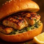 Juicy lemon garlic chicken sandwich on a rustic wooden table
