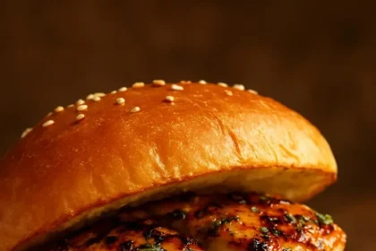 Juicy lemon garlic chicken sandwich on a rustic wooden table