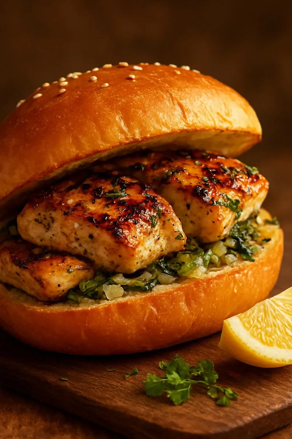 Juicy lemon garlic chicken sandwich on a rustic wooden table