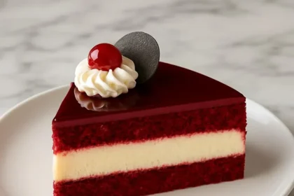 Delicious layered red velvet cheesecake with cream cheese frosting