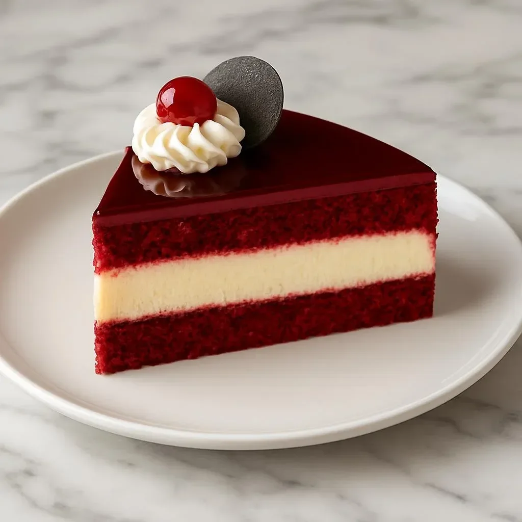 Delicious layered red velvet cheesecake with cream cheese frosting