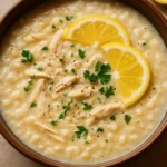 Bowl of Lemon Chicken Soup with rice and garnished herbs