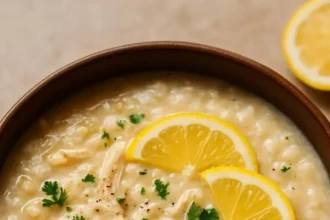 Bowl of Lemon Chicken Soup with rice and garnished herbs