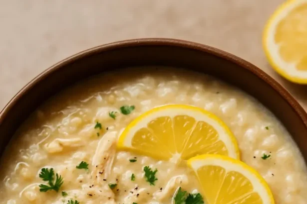 Bowl of Lemon Chicken Soup with rice and garnished herbs