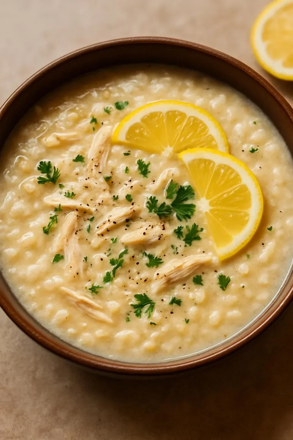 Bowl of Lemon Chicken Soup with rice and garnished herbs
