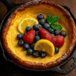 Lemon Dutch Baby with strawberries and blueberries fresh out of the oven