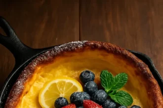 Lemon Dutch Baby with strawberries and blueberries fresh out of the oven