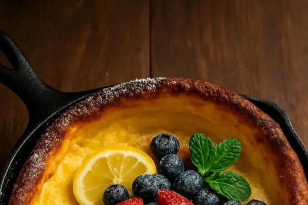 Lemon Dutch Baby with strawberries and blueberries fresh out of the oven