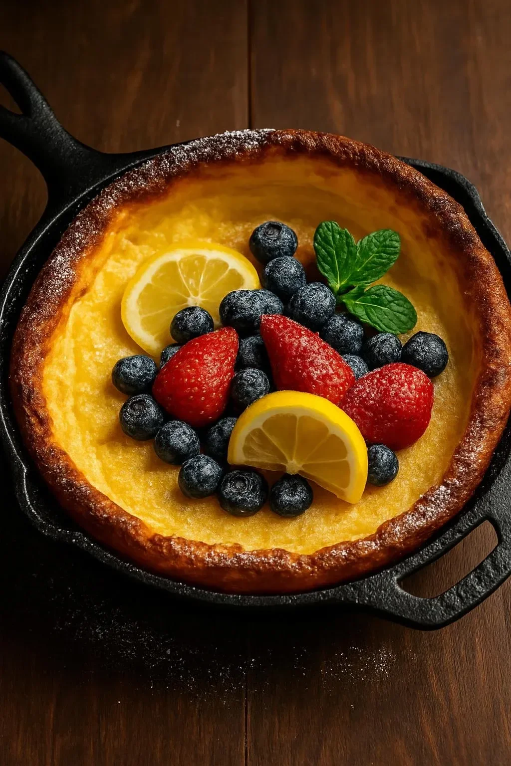 Lemon Dutch Baby with strawberries and blueberries fresh out of the oven