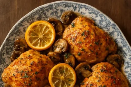Delicious Lemon Garlic Chicken served on a plate with herbs