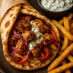 Lemon-Garlic Chicken Pitas served with fresh vegetables and herbs