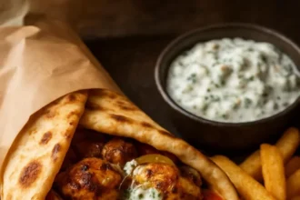 Lemon-Garlic Chicken Pitas served with fresh vegetables and herbs