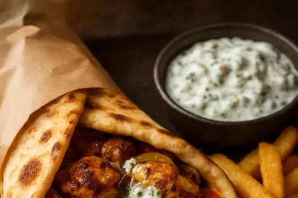 Lemon-Garlic Chicken Pitas served with fresh vegetables and herbs