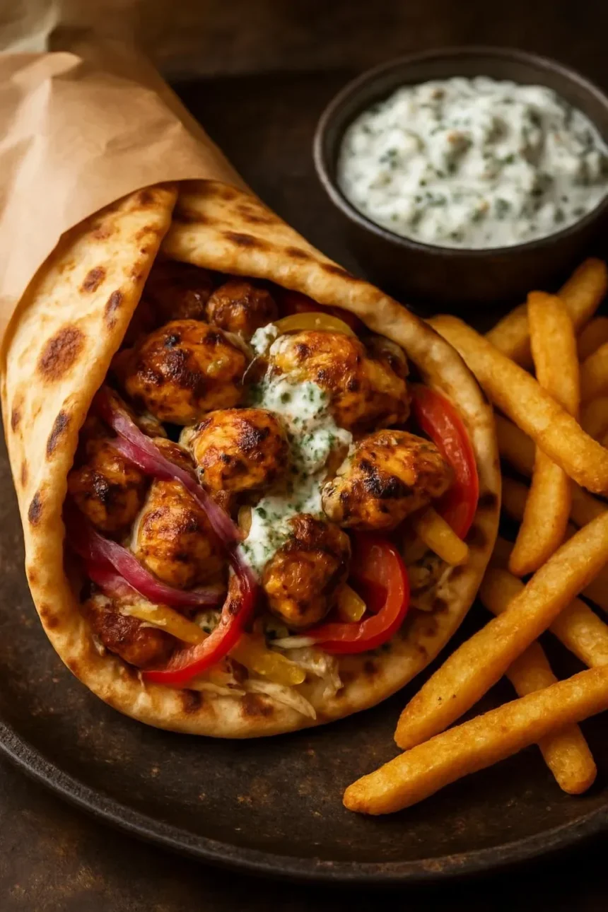 Lemon-Garlic Chicken Pitas served with fresh vegetables and herbs