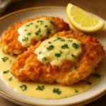 Lemon Pecorino Crusted Chicken garnished with herbs on a plate.