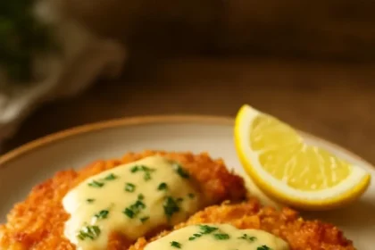 Lemon Pecorino Crusted Chicken garnished with herbs on a plate.
