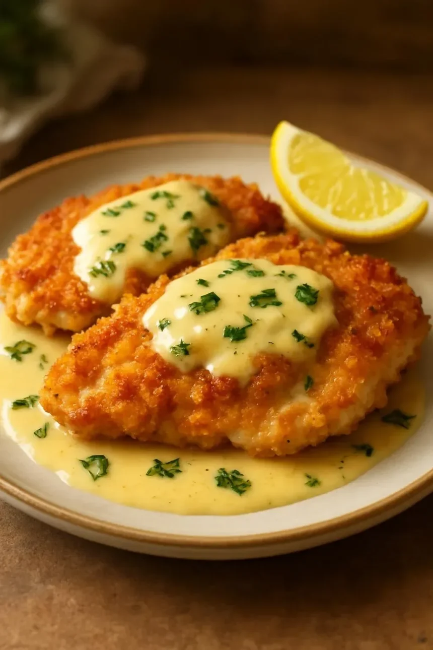 Lemon Pecorino Crusted Chicken garnished with herbs on a plate.