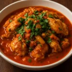 Plate of Liguria-Style Rabbit Stew garnished with fresh herbs