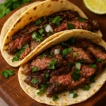 Delicious lime and cilantro steak tacos served with fresh toppings