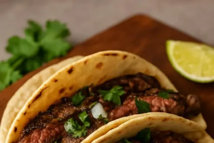 Delicious lime and cilantro steak tacos served with fresh toppings