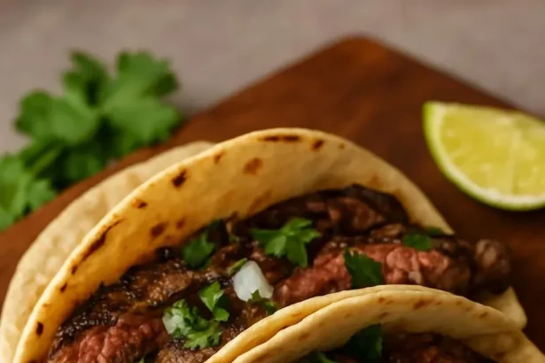Delicious lime and cilantro steak tacos served with fresh toppings
