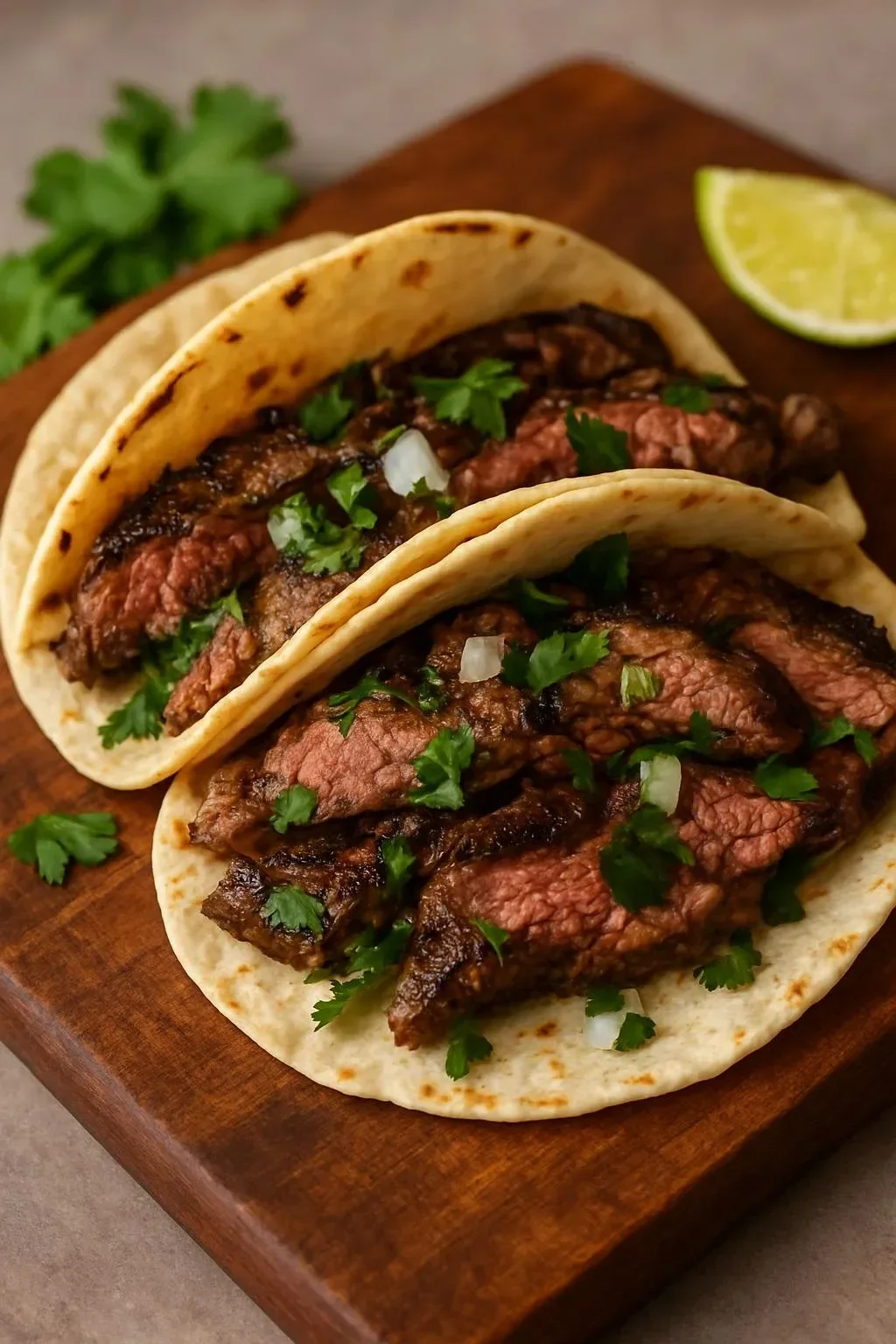 Delicious lime and cilantro steak tacos served with fresh toppings