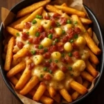 Loaded cheese curds fries topped with savory toppings for a delicious treat.