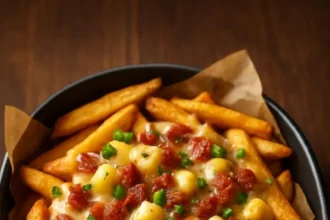 Loaded cheese curds fries topped with savory toppings for a delicious treat.